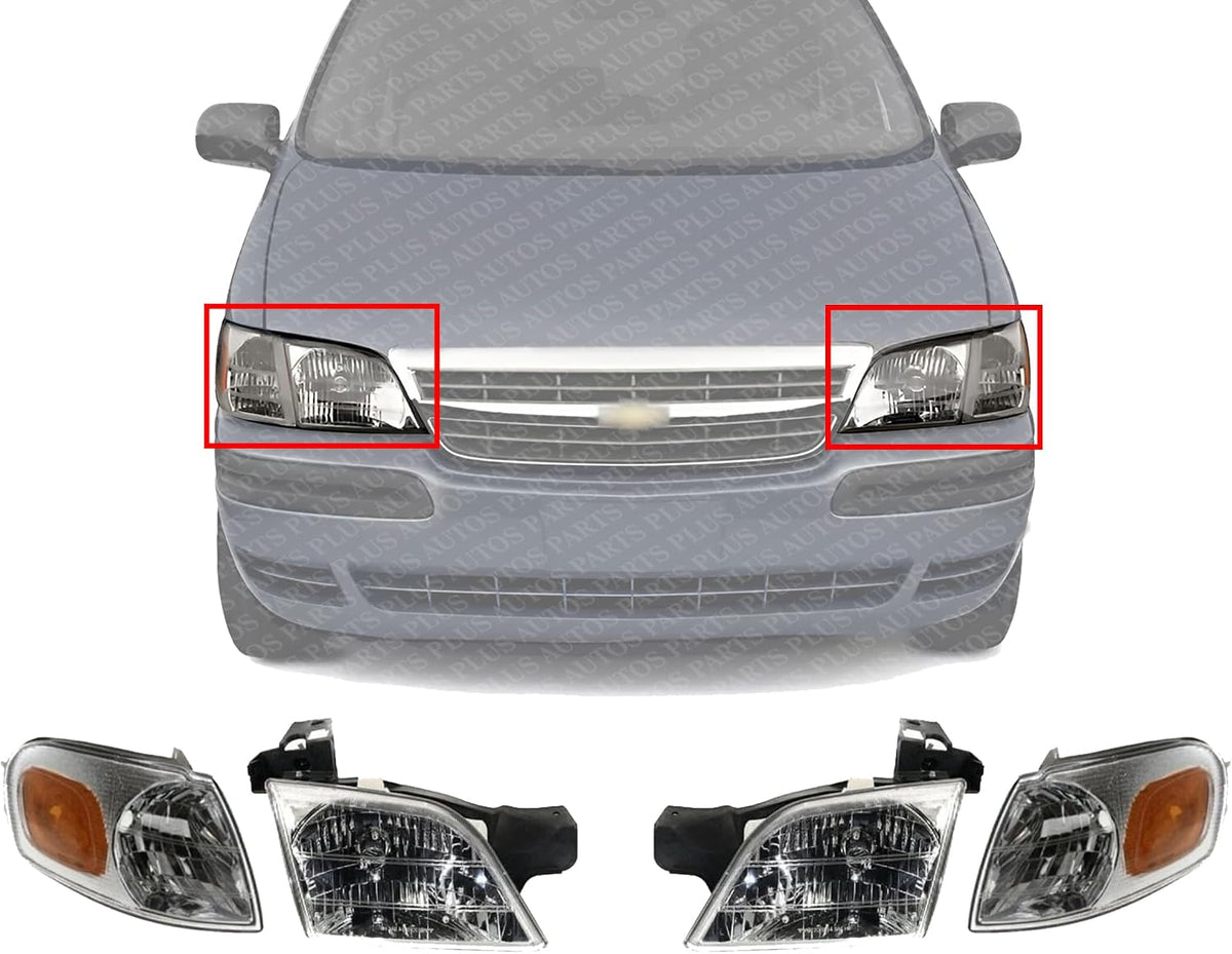 Front Headlight Assembly + Corner Lamp Lens And Housing Right Passenger & Left Driver Side Direct Replacement Compatible With 1997-2005 Chevrolet Venture GM2502175 GM2503175