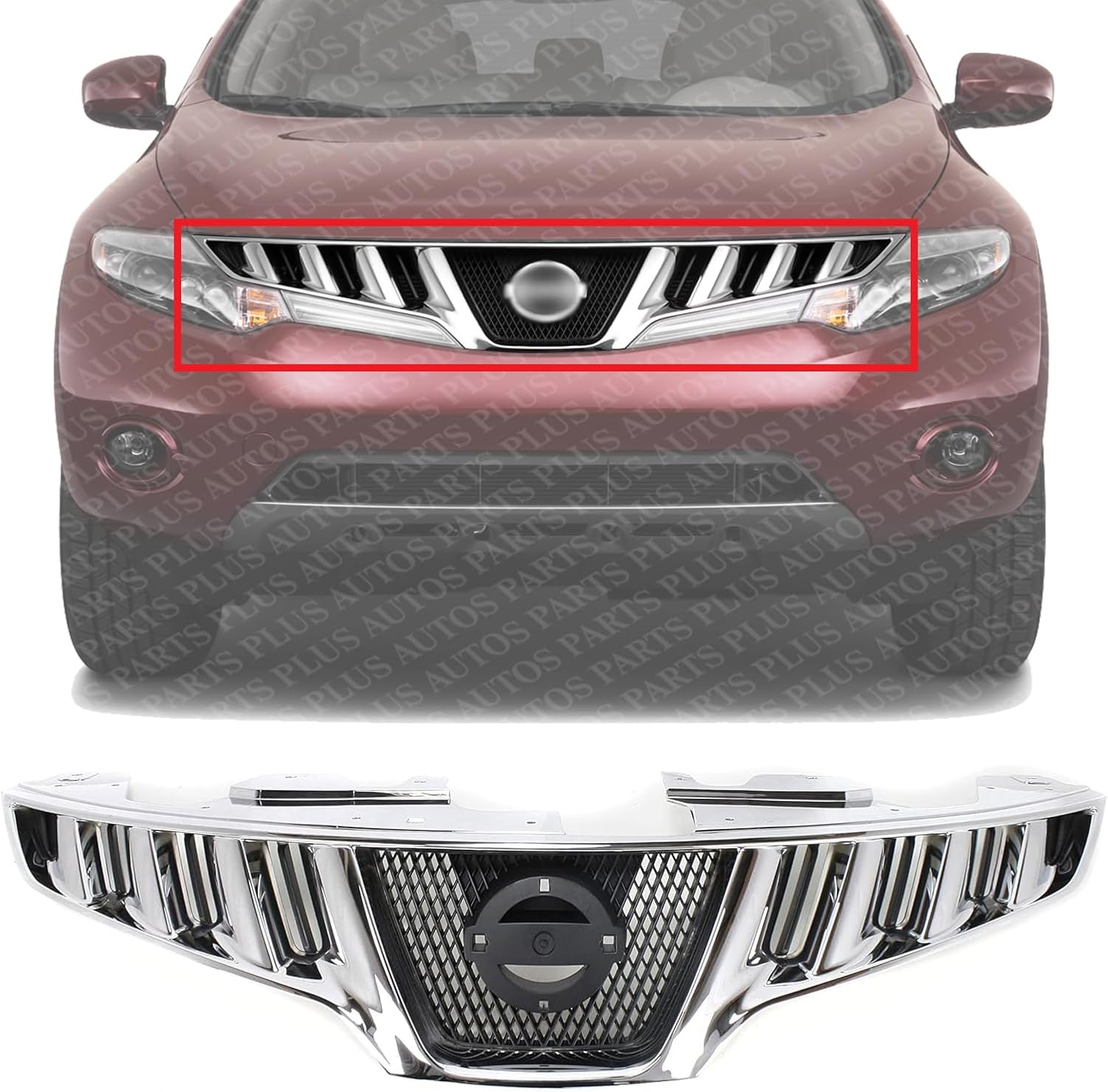 Front Grille Chrome Shell & Primed Insert Direct Replacement Compatible With 2009-2010 Nissan Murano NI1200232 623101AA0A