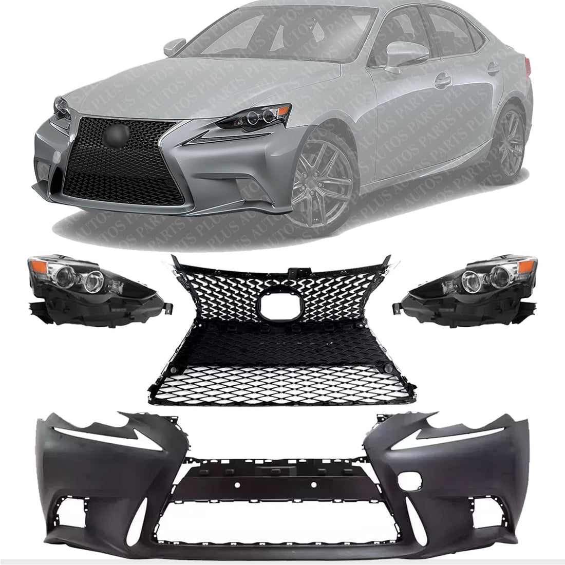 Front Bumper Cover + Upper & Lower Grille Primed + Head Lights Left Driver And Right Passenger Side Direct Replacement Compatible With 2014-2016 Lexus IS250 / IS350