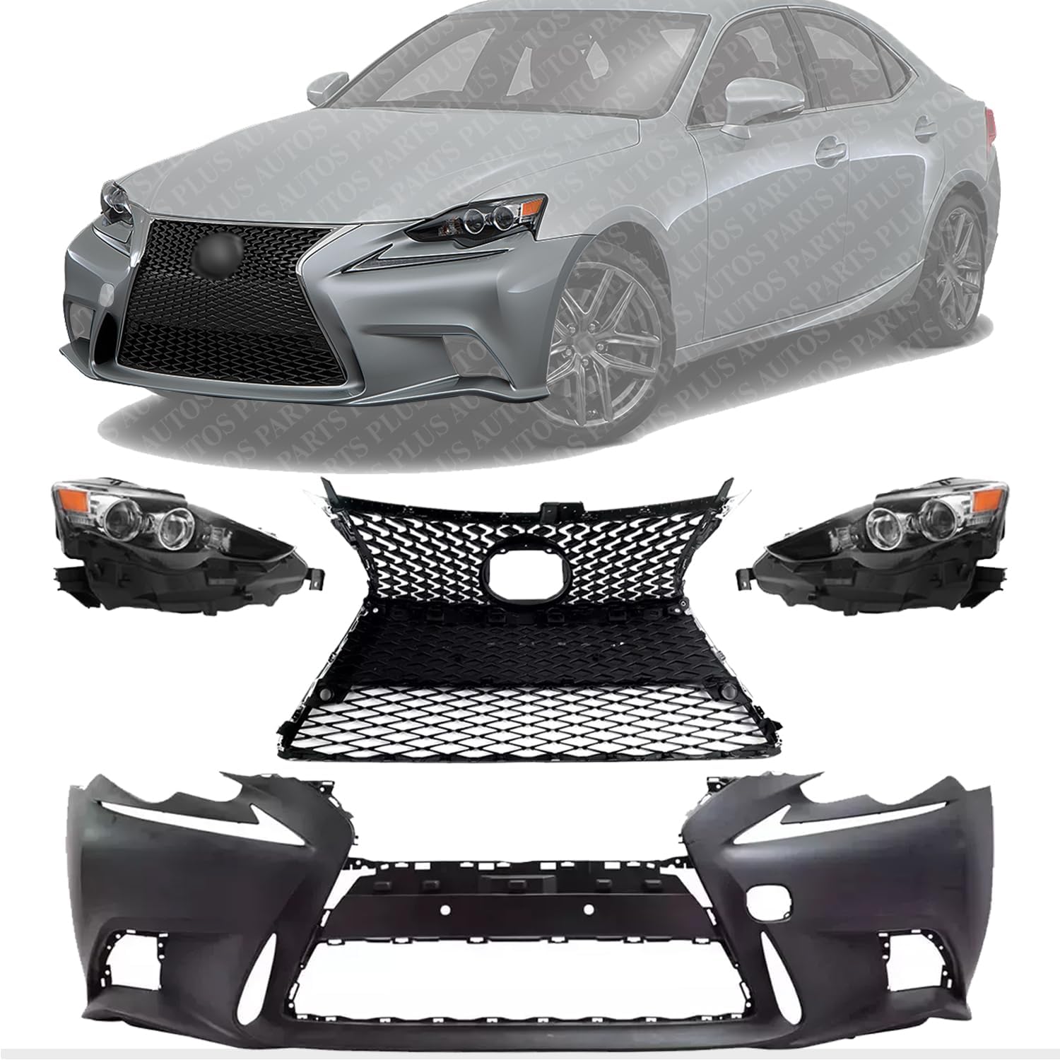 Front Bumper Cover + Upper & Lower Grille Primed + Head Lights Left Driver And Right Passenger Side Direct Replacement Compatible With 2014-2016 Lexus IS250 / IS350