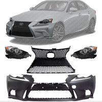Front Bumper Cover + Upper & Lower Grille Primed + Head Lights Left Driver And Right Passenger Side Direct Replacement Compatible With 2014-2016 Lexus IS250 / IS350