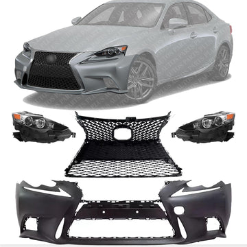 Front Bumper Cover + Upper & Lower Grille Primed + Head Lights Left Driver And Right Passenger Side Direct Replacement Compatible With 2014-2016 Lexus IS250 / IS350