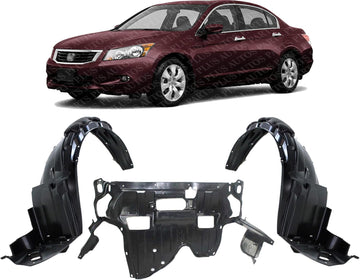 Front Engine Splash Shield Under Cover + Fender Liners Plastic Left Driver & Right Passenger Side Direct Replacement Compatible with 2008-2012 Honda Accord HO1248138 HO1249138