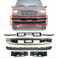 Front Bumper Chrome Steel + Lower Valance Panel + Center Moldings + Brackets Left Driver & Right Passenger Side Direct Replacement Compatible With 1992-1996 Ford Bronco/F-Series