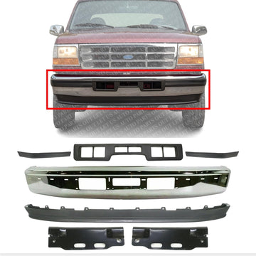 Front Bumper Chrome Steel + Lower Valance Panel + Center Moldings + Brackets Left Driver & Right Passenger Side Direct Replacement Compatible With 1992-1996 Ford Bronco/F-Series