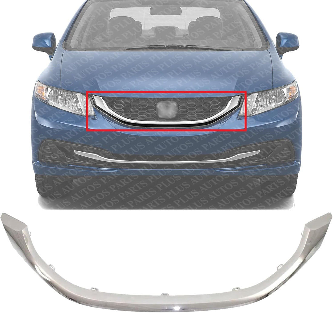 Front Grille Molding Chrome Direct Replacement Compatible With 2013-2015 Honda Civic HO1202109 71122TR3A01