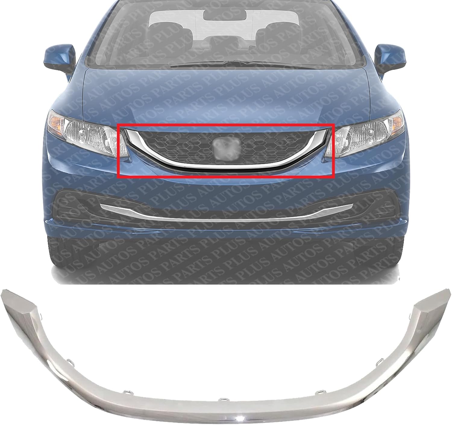 Front Grille Molding Chrome Direct Replacement Compatible With 2013-2015 Honda Civic HO1202109 71122TR3A01