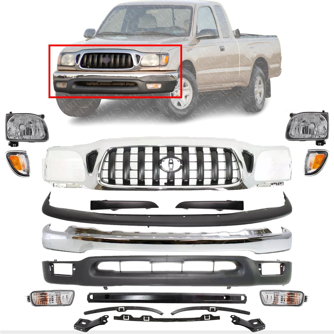 Front Bumper + Grille + Upper + Valance + Reinforcement + Brackets + Headlight + Fillers + Signal & Corner Lamp LH & RH Side Direct Replacement Compatible With 2001-2004 Tacoma 2WD