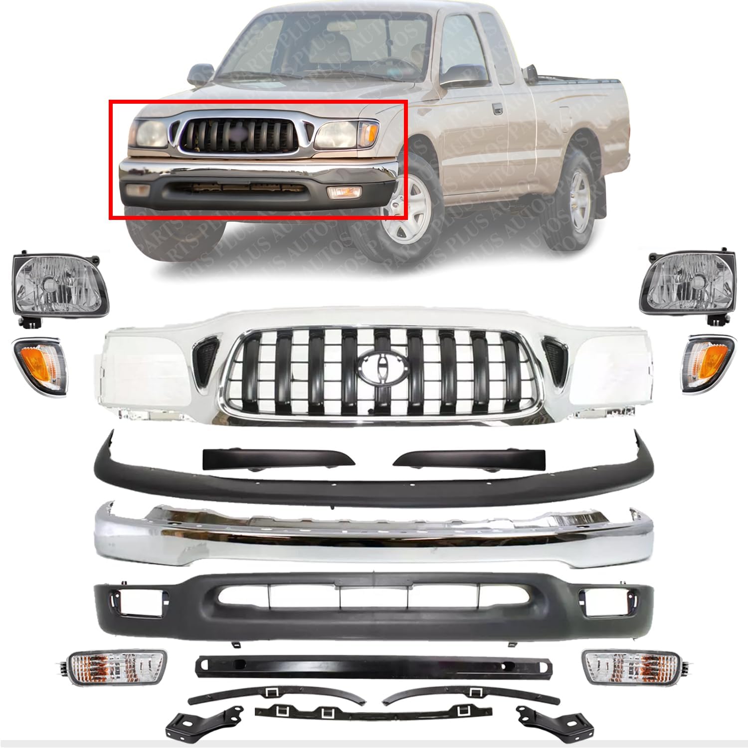 Front Bumper + Grille + Upper + Valance + Reinforcement + Brackets + Headlight + Fillers + Signal & Corner Lamp LH & RH Side Direct Replacement Compatible With 2001-2004 Tacoma 2WD