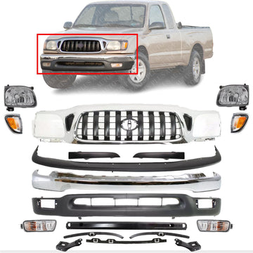 Front Bumper + Grille + Upper + Valance + Reinforcement + Brackets + Headlight + Fillers + Signal & Corner Lamp LH & RH Side Direct Replacement Compatible With 2001-2004 Tacoma 2WD