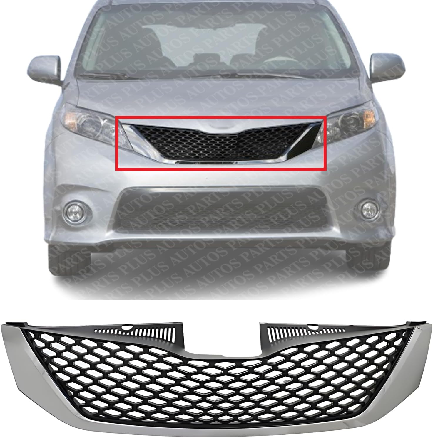 Front Grille Assembly Chrome Shell And Black Insert Plastic Direct Replacement Compatible With 2011-2017 Toyota Sienna TO1200356 5310108120