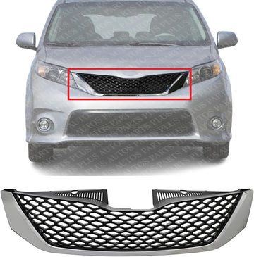 Front Grille Assembly Chrome Shell And Black Insert Plastic Direct Replacement Compatible With 2011-2017 Toyota Sienna TO1200356 5310108120