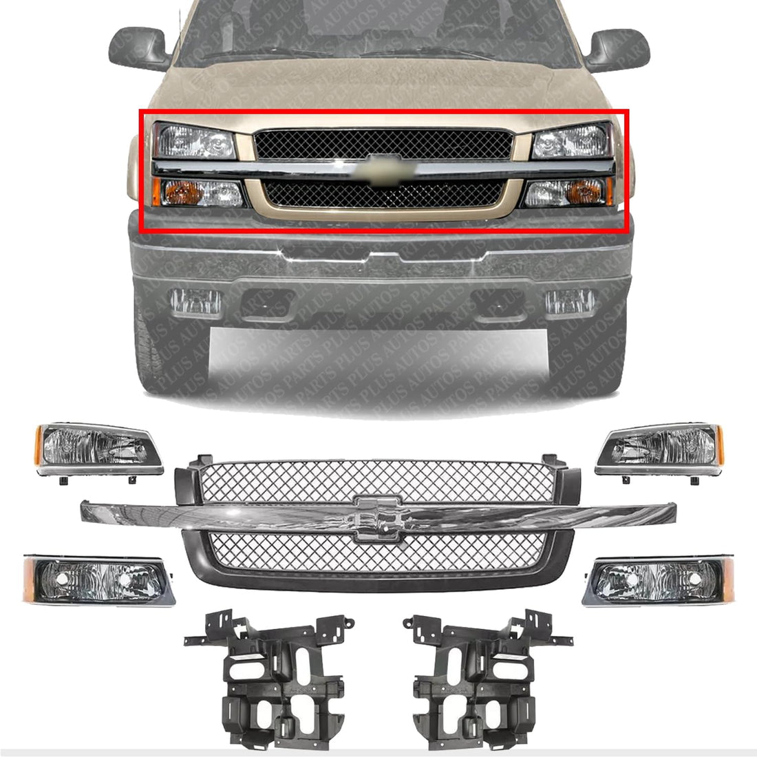 Front Grille Chrome Center Bar + Headlights + Signal Lamps + Support Brackets Left & Right Side Direct Replacement Compatible With 2003-2006 Chevrolet Silverado 1500 2500HD 3500