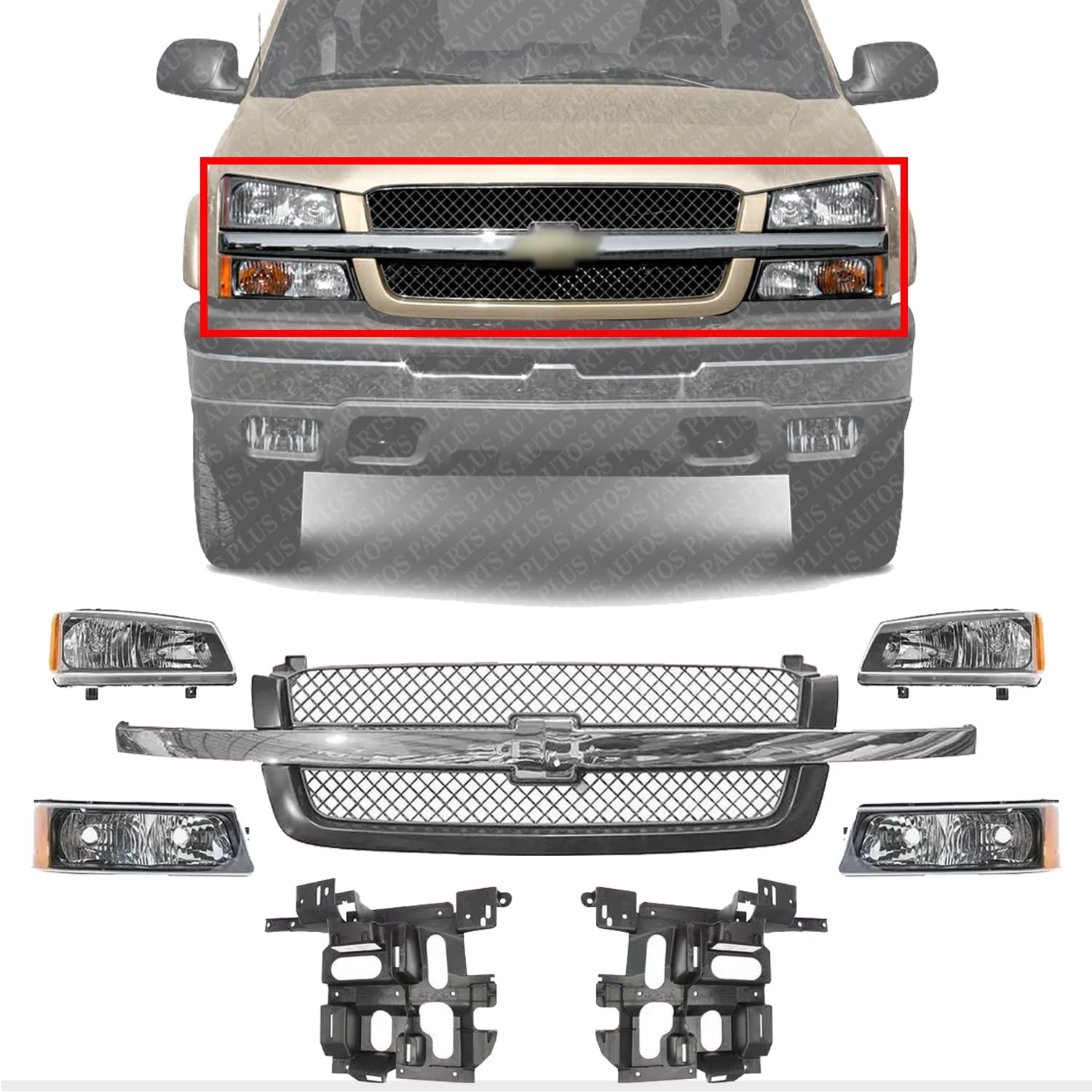 Front Grille Chrome Center Bar + Headlights + Signal Lamps + Support Brackets Left & Right Side Direct Replacement Compatible With 2003-2006 Chevrolet Silverado 1500 2500HD 3500