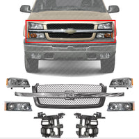 Front Grille Chrome Center Bar + Headlights + Signal Lamps + Support Brackets Left & Right Side Direct Replacement Compatible With 2003-2006 Chevrolet Silverado 1500 2500HD 3500