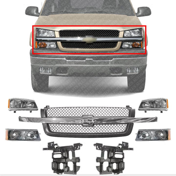 Front Grille Chrome Center Bar + Headlights + Signal Lamps + Support Brackets Left & Right Side Direct Replacement Compatible With 2003-2006 Chevrolet Silverado 1500 2500HD 3500