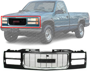 Front Grille Primed Shell And Cross Bar Insert With Chrome Opening Molding Direct Replacement Compatible With 1994-2000 GMC C/K-Series / 1994-1999 Suburban GM1200392 12388709