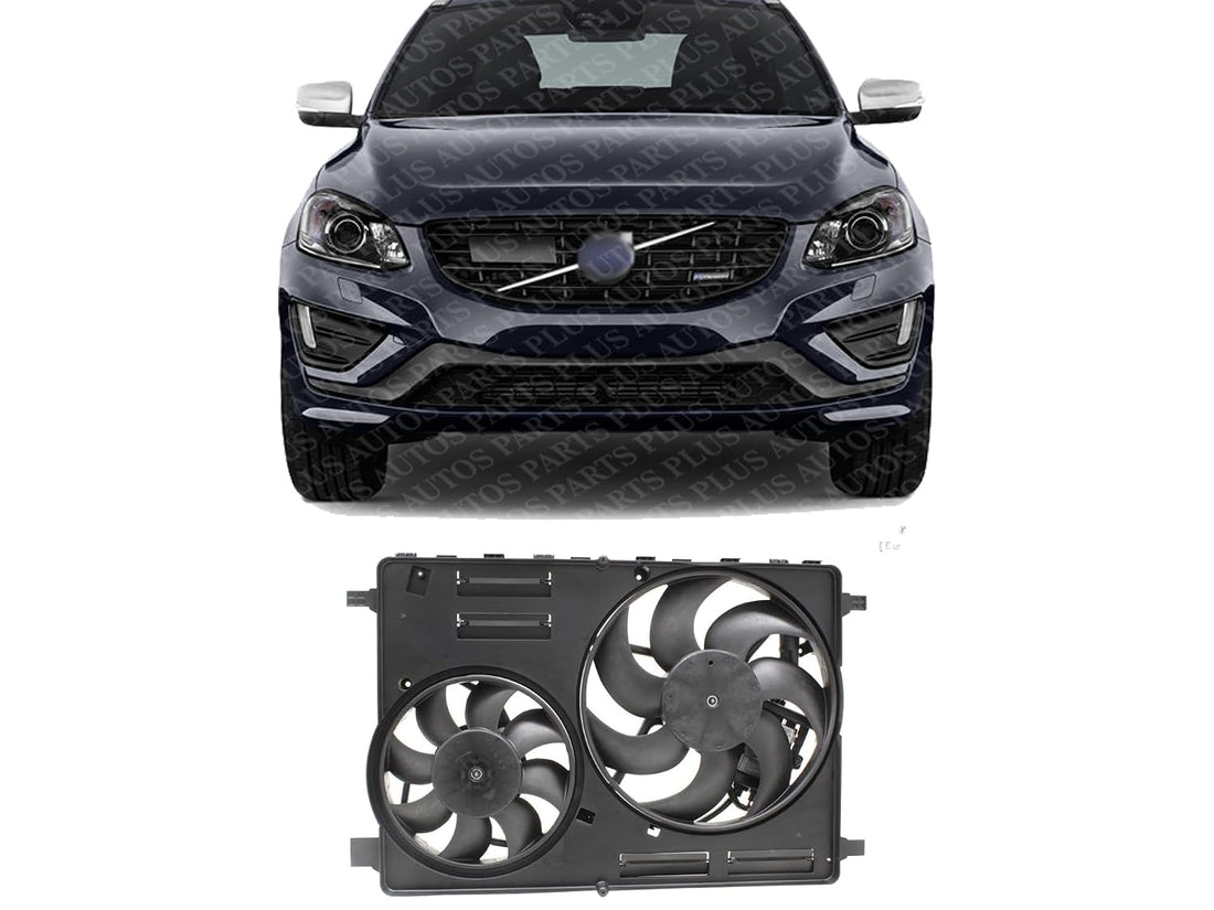 Front Radiator Dual Cooling Fan Assembly Plastic Direct Replacement Compatible with 2008-2015 Volvo S80 / 2010-2017 Volvo XC60 VO3115116 306686296 31686808