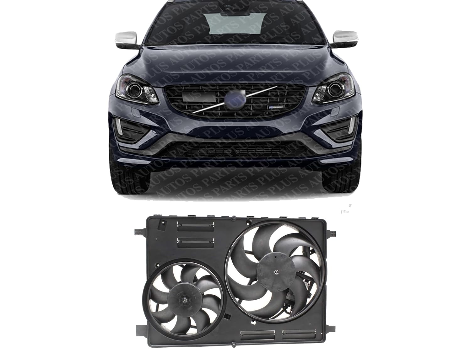 Front Radiator Dual Cooling Fan Assembly Plastic Direct Replacement Compatible with 2008-2015 Volvo S80 / 2010-2017 Volvo XC60 VO3115116 306686296 31686808