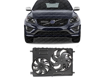 Front Radiator Dual Cooling Fan Assembly Plastic Direct Replacement Compatible with 2008-2015 Volvo S80 / 2010-2017 Volvo XC60 VO3115116 306686296 31686808