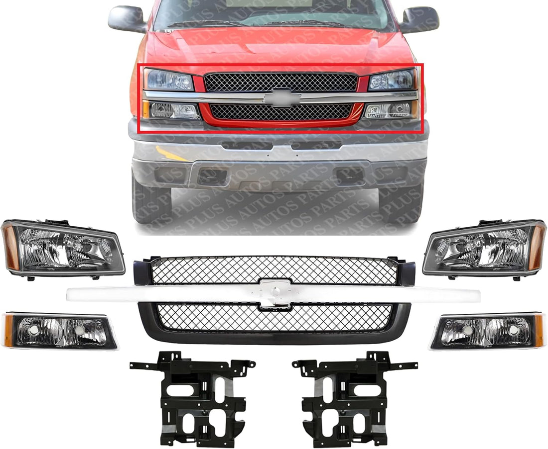 Front Grille With Chrome Center Bar + Headlights + Signal Lights + Brackets Left & Right Side Direct Replacement Compatible With 2003-2006 Chevrolet Silverado 1500 2500 GM1200489