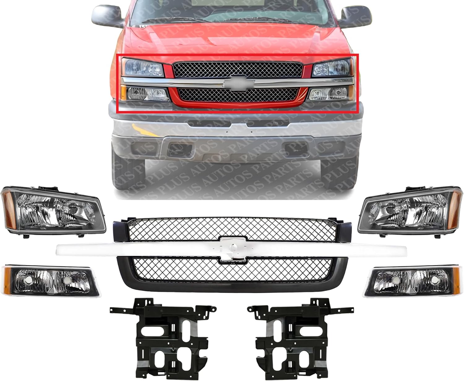 Front Grille With Chrome Center Bar + Headlights + Signal Lights + Brackets Left & Right Side Direct Replacement Compatible With 2003-2006 Chevrolet Silverado 1500 2500 GM1200489