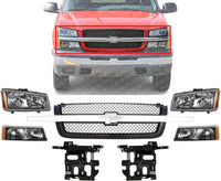 Front Grille With Chrome Center Bar + Headlights + Signal Lights + Brackets Left & Right Side Direct Replacement Compatible With 2003-2006 Chevrolet Silverado 1500 2500 GM1200489