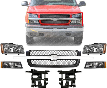 Front Grille With Chrome Center Bar + Headlights + Signal Lights + Brackets Left & Right Side Direct Replacement Compatible With 2003-2006 Chevrolet Silverado 1500 2500 GM1200489