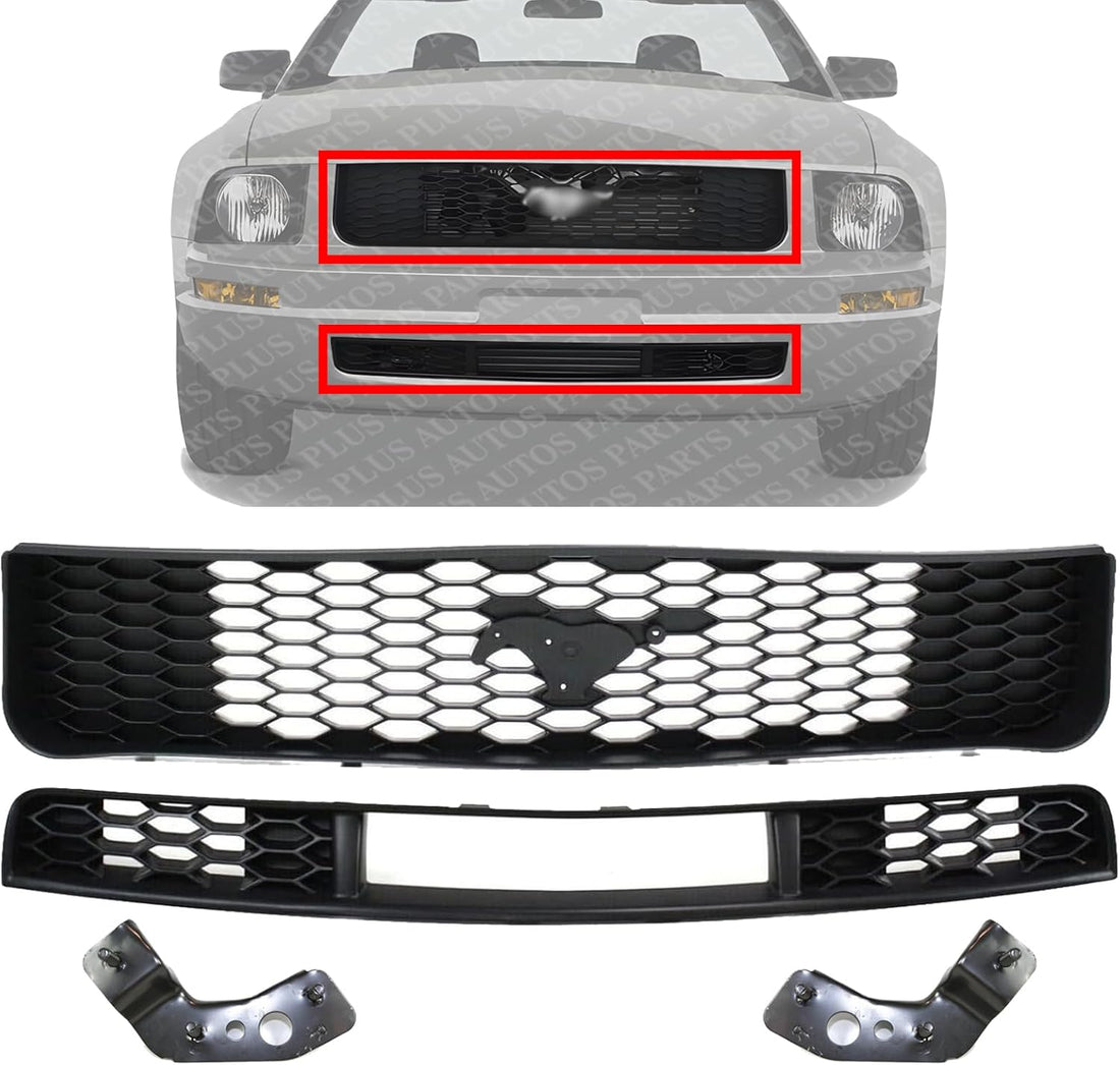Front Upper & Lower Grille Textured + Bumper Brackets Left Drive & Right Passenger Side Direct Replacement Compatible With 2005-2009 Ford Mustang FO1200421 FO1036115 FO1066166