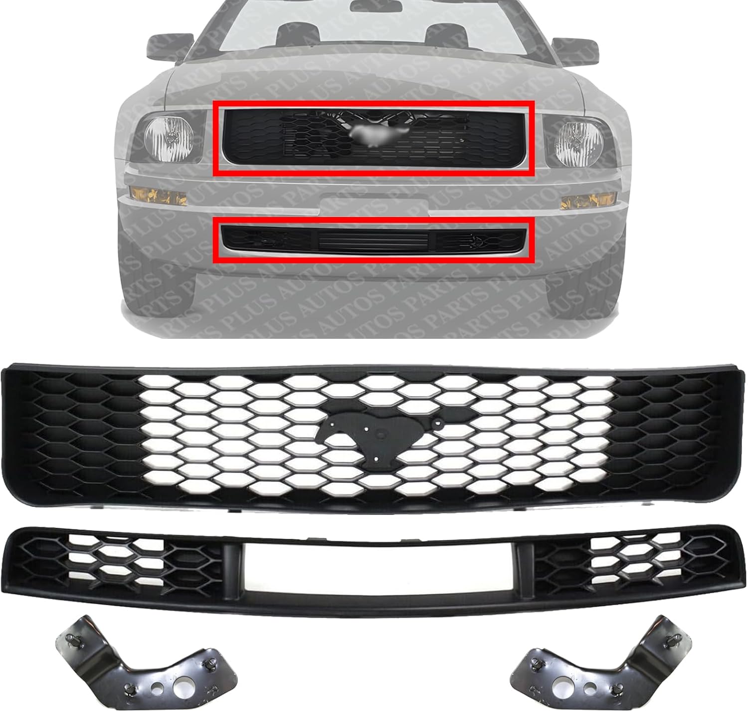 Front Upper & Lower Grille Textured + Bumper Brackets Left Drive & Right Passenger Side Direct Replacement Compatible With 2005-2009 Ford Mustang FO1200421 FO1036115 FO1066166