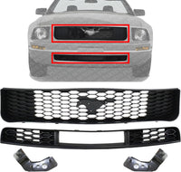 Front Upper & Lower Grille Textured + Bumper Brackets Left Drive & Right Passenger Side Direct Replacement Compatible With 2005-2009 Ford Mustang FO1200421 FO1036115 FO1066166