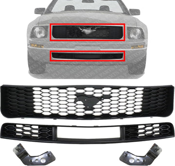 Front Upper & Lower Grille Textured + Bumper Brackets Left Drive & Right Passenger Side Direct Replacement Compatible With 2005-2009 Ford Mustang FO1200421 FO1036115 FO1066166