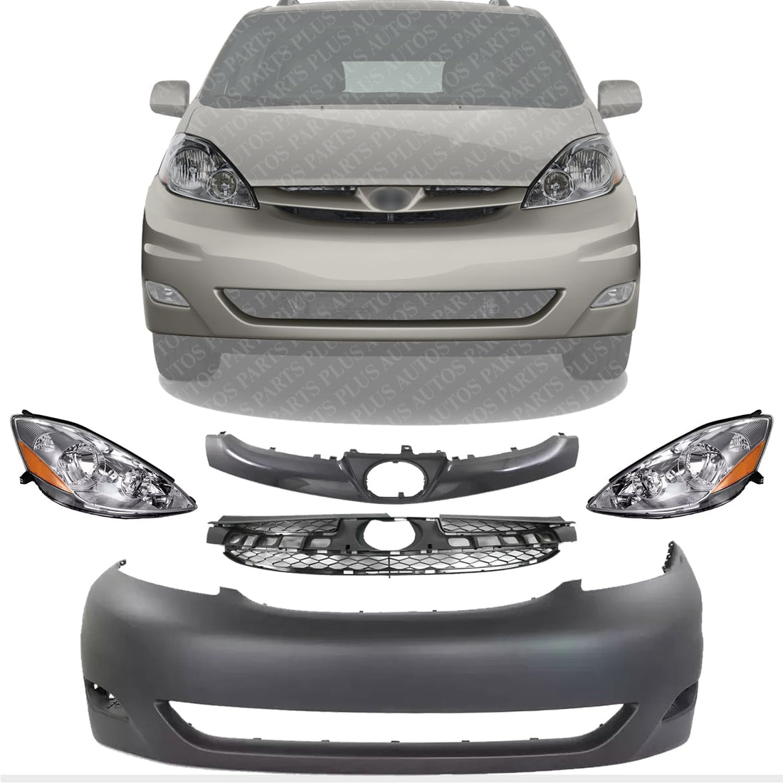 Front Bumper Cover Primed + Upper Grille Insert + Molding Black + Head Lights Left Driver & Right Passenger Side Direct Replacement Compatible with 2006-2010 Toyota Sienna