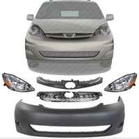Front Bumper Cover Primed + Upper Grille Insert + Molding Black + Head Lights Left Driver & Right Passenger Side Direct Replacement Compatible with 2006-2010 Toyota Sienna