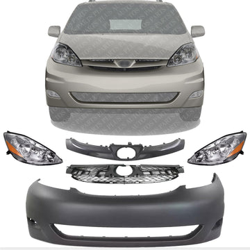 Front Bumper Cover Primed + Upper Grille Insert + Molding Black + Head Lights Left Driver & Right Passenger Side Direct Replacement Compatible with 2006-2010 Toyota Sienna