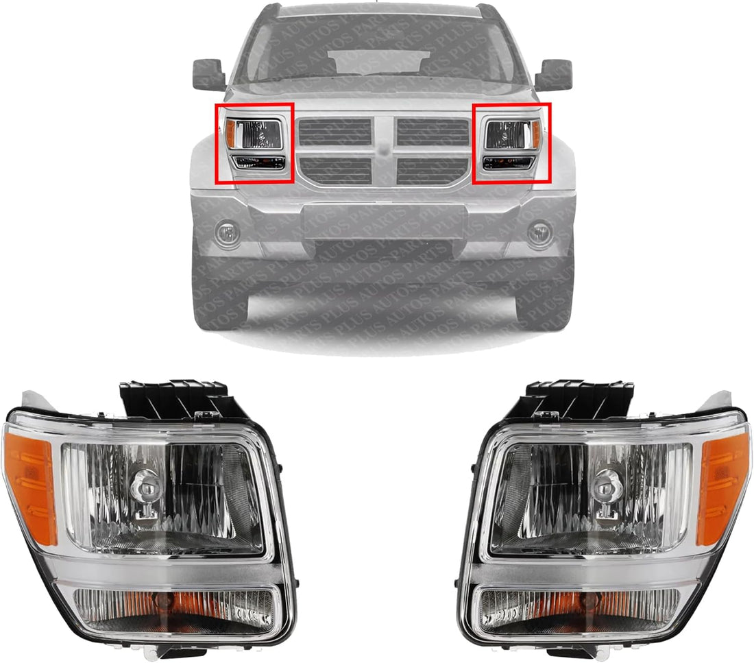 Set Of 2 Front Headlight Assembly Halogen Right Passenger & Left Driver Side Direct Replacement Compatible With 2007-2011 Dodge Nitro 55157225AD-PFM 55157224AD-PFM