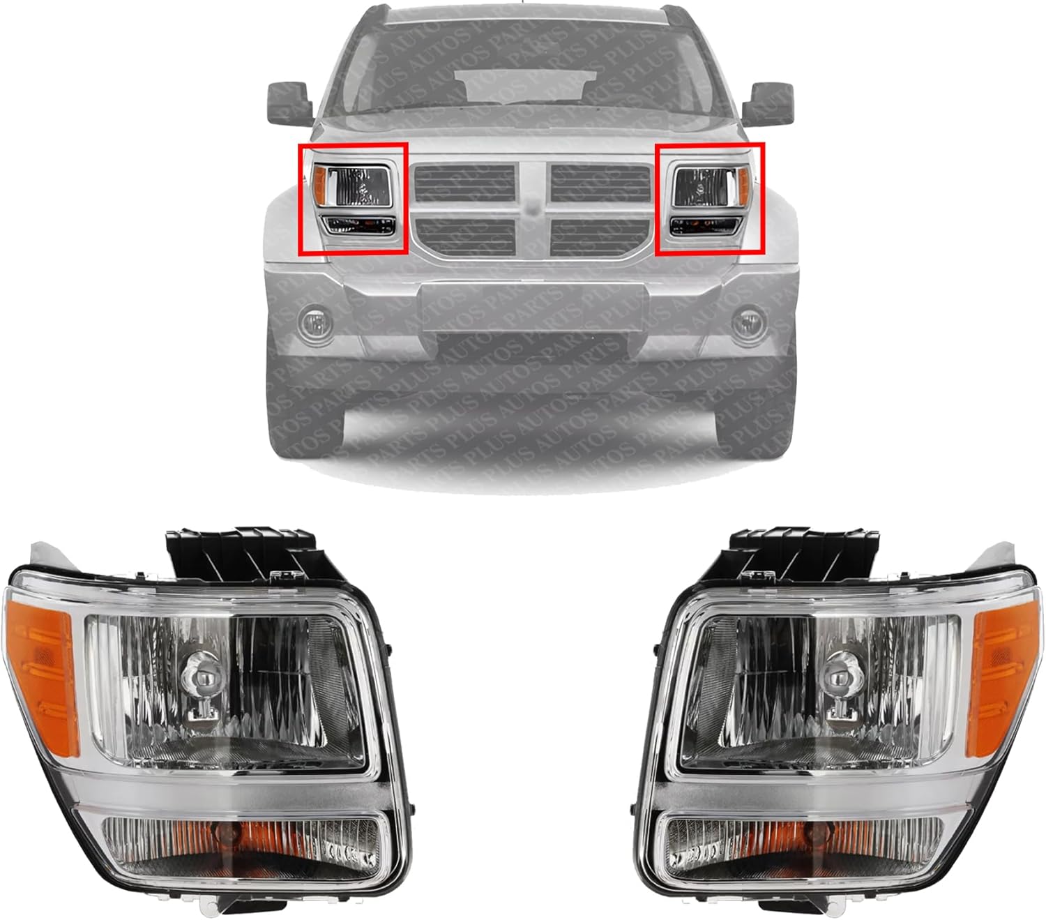 Set Of 2 Front Headlight Assembly Halogen Right Passenger & Left Driver Side Direct Replacement Compatible With 2007-2011 Dodge Nitro 55157225AD-PFM 55157224AD-PFM