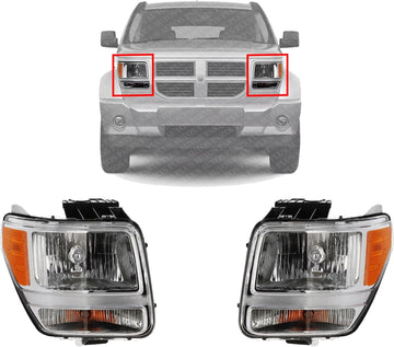 Set Of 2 Front Headlight Assembly Halogen Right Passenger & Left Driver Side Direct Replacement Compatible With 2007-2011 Dodge Nitro 55157225AD-PFM 55157224AD-PFM