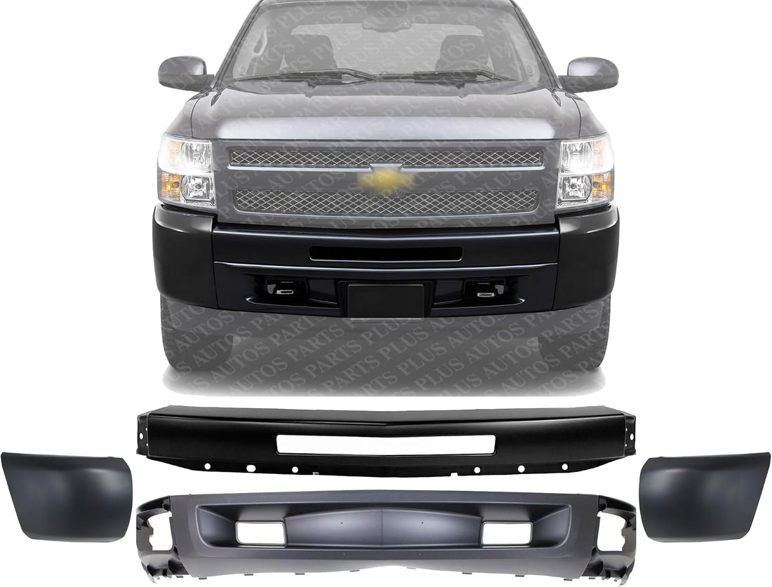 Front Bumper Steel + Lower Valance Air Deflector Primed + End Caps Left Driver & Right Passenger Side Direct Replacement Compatible With 2009-2013 Chevrolet Silverado 1500 GM1002836