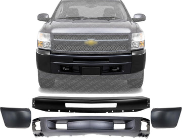 Front Bumper Steel + Lower Valance Air Deflector Primed + End Caps Left Driver & Right Passenger Side Direct Replacement Compatible With 2009-2013 Chevrolet Silverado 1500 GM1002836