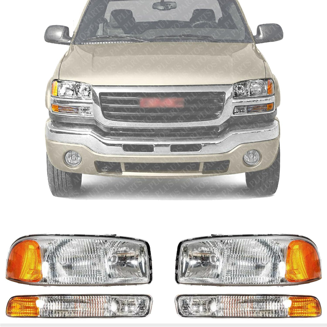 AUTOS PARTS PLUS Front Headlights Assembly + Corner Park Lamp Left Driver & Right Passenger Side Direct Replacement Compatible With GMC Sierra 1500 2500HD 3500 1999-2006 / Yukon 2000-2006 GM2502188