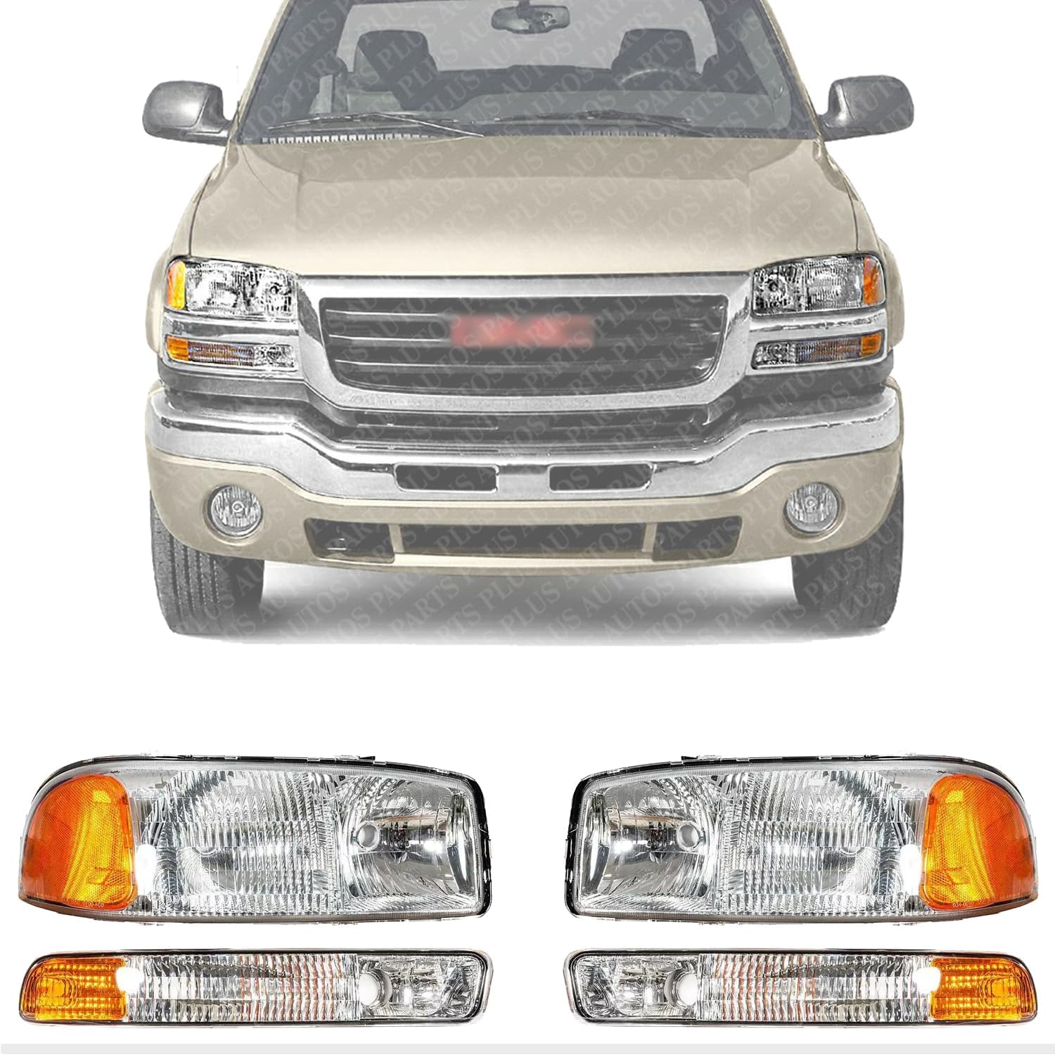 AUTOS PARTS PLUS Front Headlights Assembly + Corner Park Lamp Left Driver & Right Passenger Side Direct Replacement Compatible With GMC Sierra 1500 2500HD 3500 1999-2006 / Yukon 2000-2006 GM2502188