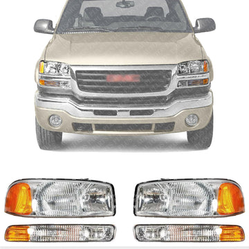 AUTOS PARTS PLUS Front Headlights Assembly + Corner Park Lamp Left Driver & Right Passenger Side Direct Replacement Compatible With GMC Sierra 1500 2500HD 3500 1999-2006 / Yukon 2000-2006 GM2502188