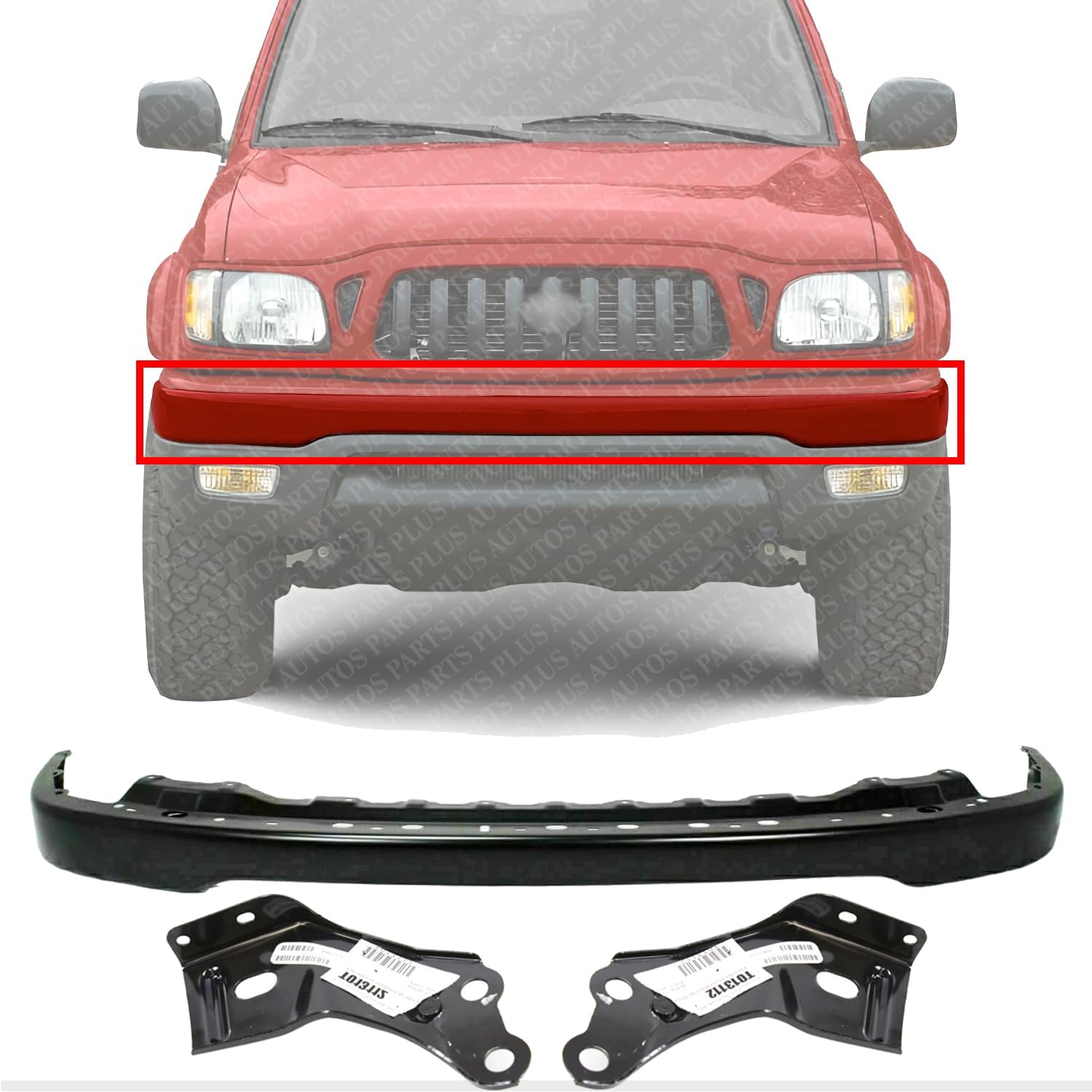 Front Bumper Primed Steel + Bracket Set Of 2 Right Passenger & Left Driver Side Direct Replacement Compatible With Toyota Tacoma 2001-2004 TO1002176 TO1066134 TO1067134 52101AD900
