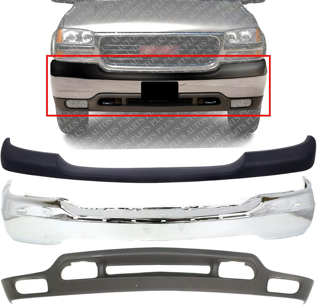 Front Bumper Chrome Steel + Upper Cover Primed + Lower Valance Air Deflector Textured Direct Replacement Compatible With GMC Sierra 1999-2002 / Yukon 1500 2500 2000-2006 GM1092169