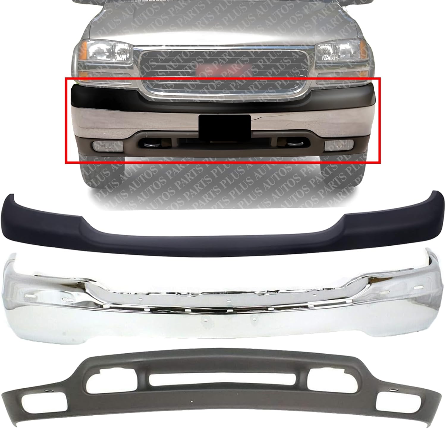 Front Bumper Chrome Steel + Upper Cover Primed + Lower Valance Air Deflector Textured Direct Replacement Compatible With GMC Sierra 1999-2002 / Yukon 1500 2500 2000-2006 GM1092169