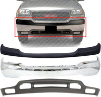 Front Bumper Chrome Steel + Upper Cover Primed + Lower Valance Air Deflector Textured Direct Replacement Compatible With GMC Sierra 1999-2002 / Yukon 1500 2500 2000-2006 GM1092169