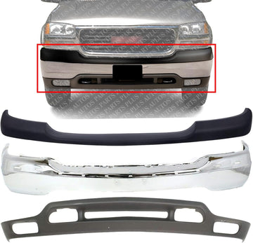 Front Bumper Chrome Steel + Upper Cover Primed + Lower Valance Air Deflector Textured Direct Replacement Compatible With GMC Sierra 1999-2002 / Yukon 1500 2500 2000-2006 GM1092169