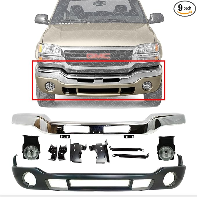 AUTOS PARTS PLUS Front Bumper Chrome Steel With Brackets + Lower Valance Primed + Fog Lights Left & Right Side Direct Replacement Compatible With 2003-2006 GMC Sierra 1500 2500 HD 3500 GM2592154
