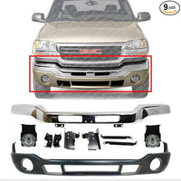 AUTOS PARTS PLUS Front Bumper Chrome Steel With Brackets + Lower Valance Primed + Fog Lights Left & Right Side Direct Replacement Compatible With 2003-2006 GMC Sierra 1500 2500 HD 3500 GM2592154